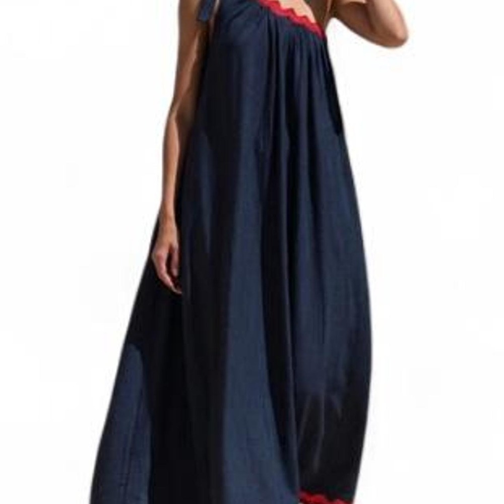 UOOZEE A-Line Loose Pleated Pocketed Split-Joint Tied One-Shoulder Maxi Dress